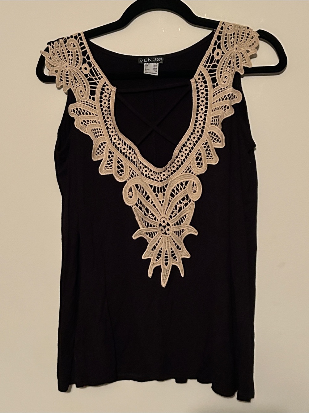 VENUS Black Long Sleeve Cold Shoulder with Cream Lace Yoke